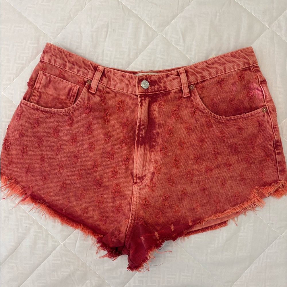 Free People We The Free Distressed Denim Shorts High Rise Coral Red Frayed Hem32